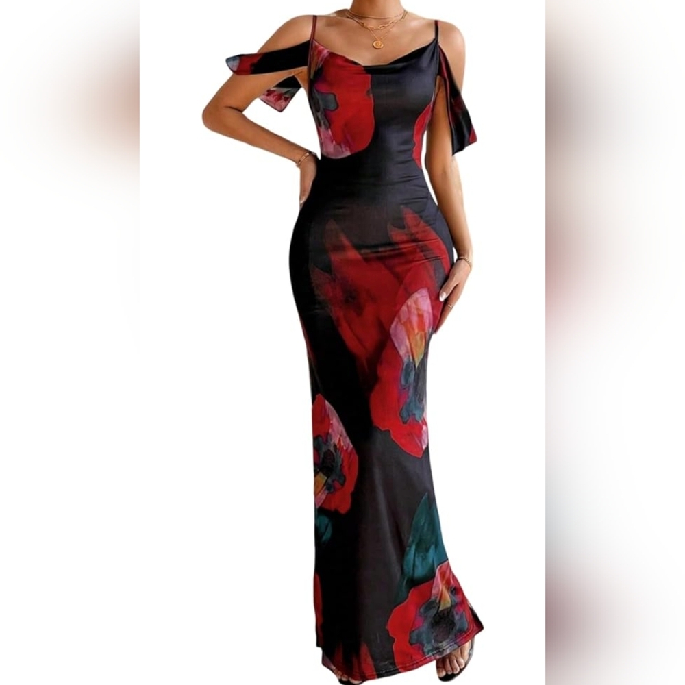 Mesh Watercolor Floral Off-Shoulder Dress - Size Large (Fits Medium 8-10)